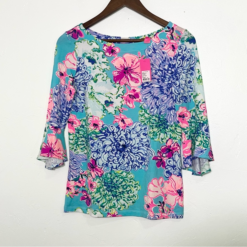 Lilly Pulitzer Fontaine Bell Sleeve Top In Multi Flowers And Friends XS NWT